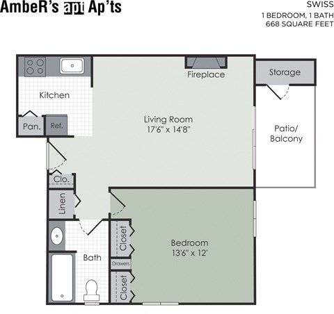 Floor plan for 1 bed, 1 bath, 700 sqft